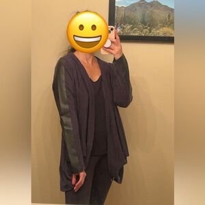 Black Knit with Leath Trim on Sleeve Cardigan